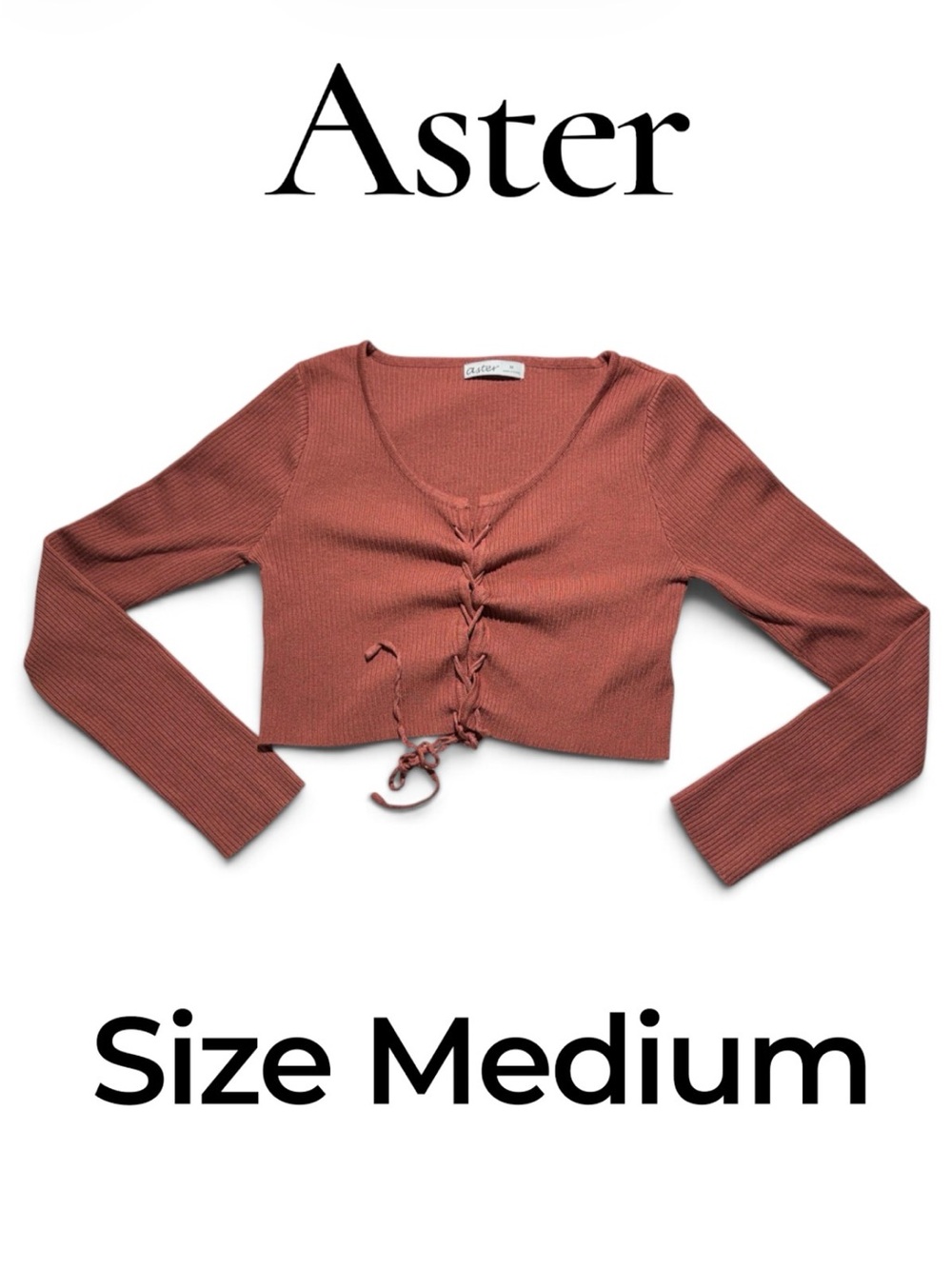 Aster Ribbed Long Sleeve Open Tie Front Dusty Rose Crop Top. Size Medium